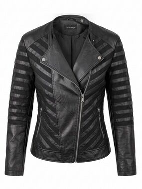 T&J Designs Women's Black Striped Leather Moto Jacket
